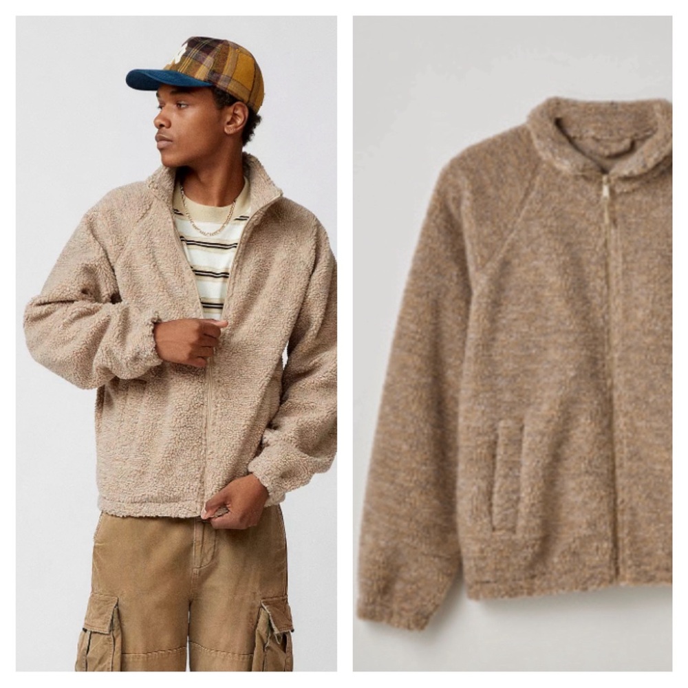 BDG Raglan Sherpa Fleece Full Zip Jacket in Ecru URBAN UO OUTFITTERS M MEDIUM